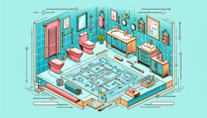 Illustration in a modern and colorful style of a beginner's guide to bathroom remodeling. Picture should include a blueprint of a bathroom with annotations for changes and a variety of bathroom fixtures including a tub, sink, and vanity. Show different stages of remodeling--from the initial demolition phase to the final touches of decoration.