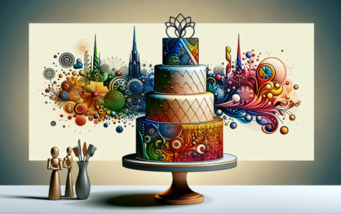 Imagine a detailed depiction of a modern wedding cake with multiple tiers. The cake is decorated in a fashionable trend with creative and vibrant colors. Reflect a variety of shapes and patterns inherent to contemporary cake designs. It's placed on an elegant cake stand, with an artful cake topper that aligns with the modern theme. The background offers a contrast to the vivid colors of the cake and maintains the focus on the central piece. Although the image represents the concept of choosing the perfect wedding cake, there are absolutely no words in the illustration.