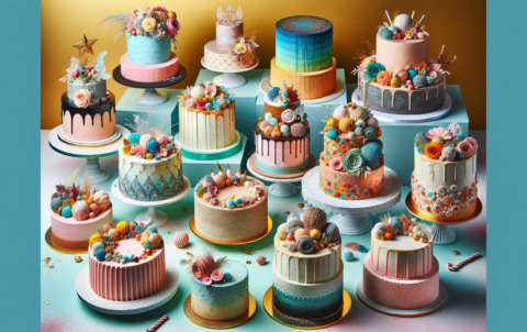 An image portraying a delightful assortment of various celebration cakes. These cakes should exhibit a modern aesthetic, adorned with numerous vibrant hues. The cakes should vary in design and decoration, ranging from tiered designs to single-layered ones, all lavishly decorated with ornate icing patterns, edible glitter, and colorful toppers. These cakes should be presented against a cheery, minimalistic background that enhances their modern appeal. No text should be present in this image, focus solely on the rich, inviting details of the cakes.