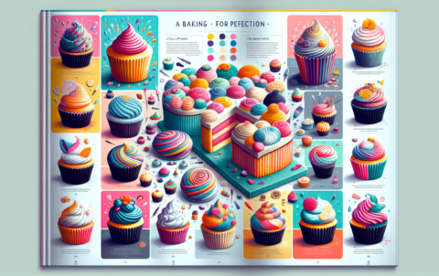 A visual guide to baking perfection, showcasing an array of colorful, modern cupcakes. The guide includes a variety of cupcake types, adorned with a plethora of icing decorations ranging from smooth swirls to delicate piping works. The cupcakes are displayed in bright, bold colors that appeal to the eye. The varying sizes and flavors of these sumptuous cupcakes are depicted as well, embodying creativity and beauty in the art of baking. The surrounding setting is vibrant and modern, punctuated by the use of clean lines and minimalist aesthetics. Please note, this is an illustration-only guide, hence no text is included.