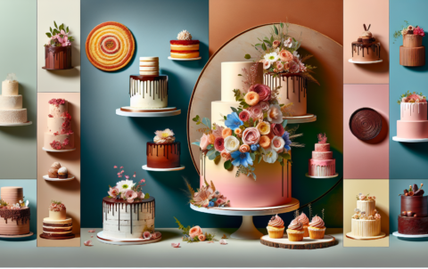 A visual guide showcasing a variety of specialty cakes. From multi-tiered wedding cakes adorned with fondant flowers to rustic chocolate ganache drip cakes and dainty cupcakes, each depicted in rich, vivid colors. The entire scene is infused with a contemporary aesthetic, showcasing the cakes in a minimalist yet vibrant setting, with simple backgrounds that highlight the cakes. Further details may include texture close-ups, glossy icing or delicate piping techniques. No textual details, solely a feast for the eyes.