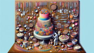 A highly detailed depiction of a cake decorating scene. It should exhibit an individual thoroughly engrossed in the process of cake decorating, displaying the multitude of tools associated with the art - icing bags with assorted nozzles, various spatulas, edible glitter, fondant molds, and a rotating cake stand holding the main centerpiece, a multi-tiered cake. The color palette should be vibrant and contemporary, with the cake showcasing a modern design, intricate patterns and decorations. The background should highlight organized chaos, with scattered sprinkles and dollops of frosting, underlining the artistic process. There should be no text, focusing entirely on the delightful visual elements of cake decorating.