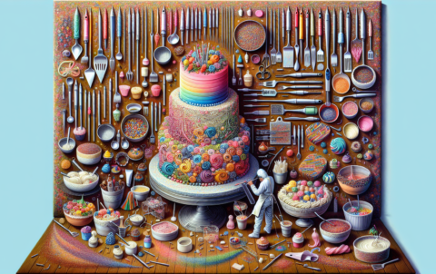 A highly detailed depiction of a cake decorating scene. It should exhibit an individual thoroughly engrossed in the process of cake decorating, displaying the multitude of tools associated with the art - icing bags with assorted nozzles, various spatulas, edible glitter, fondant molds, and a rotating cake stand holding the main centerpiece, a multi-tiered cake. The color palette should be vibrant and contemporary, with the cake showcasing a modern design, intricate patterns and decorations. The background should highlight organized chaos, with scattered sprinkles and dollops of frosting, underlining the artistic process. There should be no text, focusing entirely on the delightful visual elements of cake decorating.