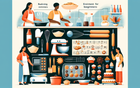 Create a vibrant and contemporary illustration with no text depicting the process of starting a home bakery for beginners. The image should have a kitchen setting with various baking tools such as a mixer, oven mitts, baking trays, and assortments of baked goods. There should be visible guidelines demonstrating the process from ingredient preparation to baking and packaging. Include a diverse set of individuals, such as a Black female master baker guiding an Asian male apprentice and a Hispanic woman overseeing the operations.