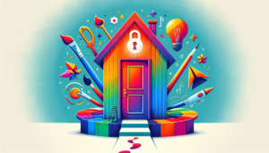 Imagine a vibrant, modern illustration that represents the theme: Unlocking your Home Creativity. Visualize a colorfully painted door with a symbolic key hovering about to unlock it. Around the door, incorporate symbols of creativity, like paint brushes, origami, a musical note, or a creative lightbulb, all portrayed in bright, modern colors. To indicate steps, include footprints leading up to the door. The style should be bold, vibrant and minimalist.